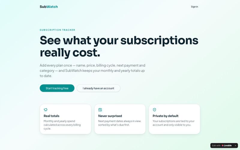 SubWatch — See what your subscriptions really cost — screenshot