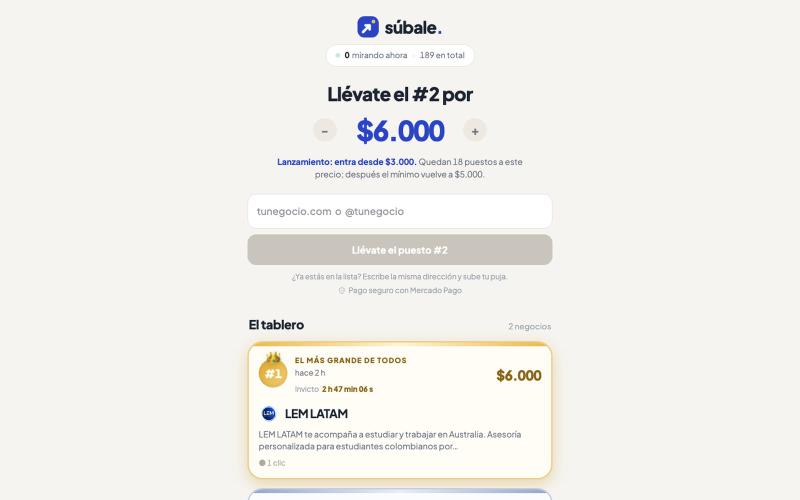 súbale — el puesto lo determina la puja — screenshot