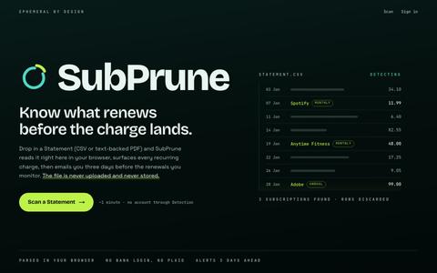 SubPrune: renewal Alerts without storing your bank data — screenshot