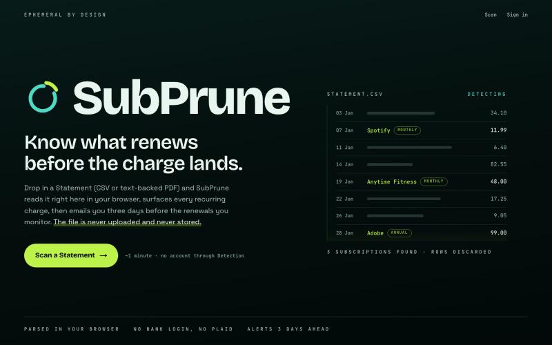 SubPrune: renewal Alerts without storing your bank data — screenshot