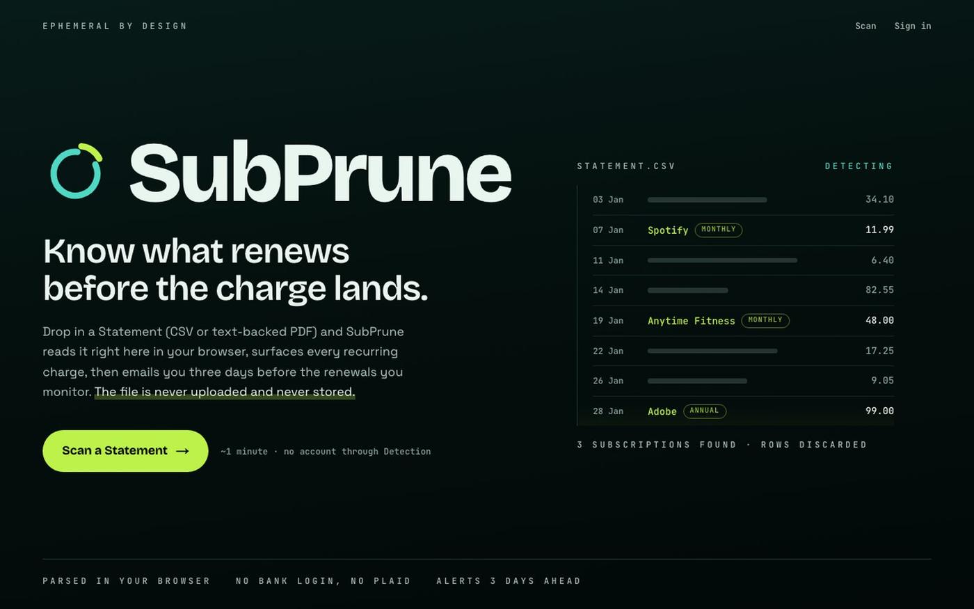 SubPrune: renewal Alerts without storing your bank data — screenshot