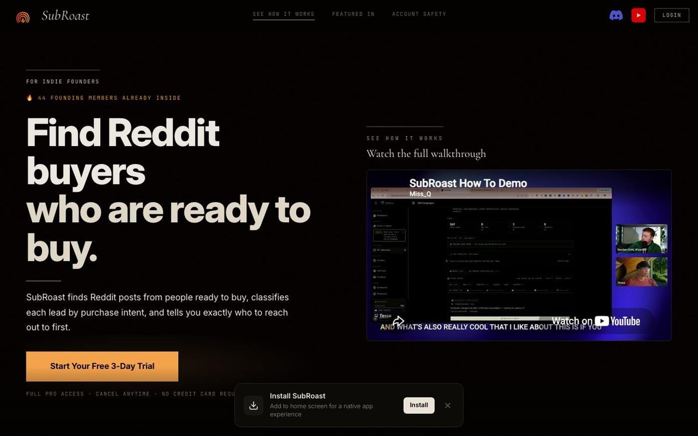 SubRoast — AI Reddit Growth Tool for Founders — screenshot