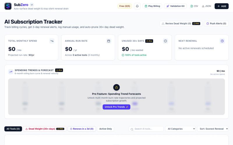 SubZero - AI Subscription Tracker — screenshot