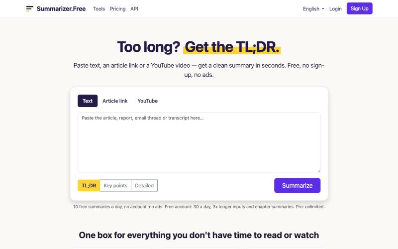 Free AI Summarizer — TL;DR for Text, Articles & YouTube — screenshot