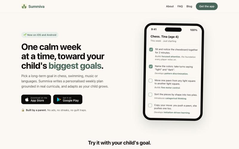Summiva. A calm weekly plan for your child's biggest goals. — screenshot