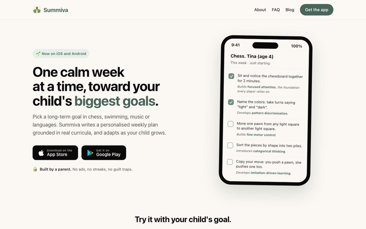 Summiva. A calm weekly plan for your child's biggest goals. — screenshot