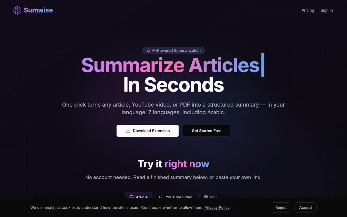 Sumwise - AI-Powered Content Summarization — screenshot