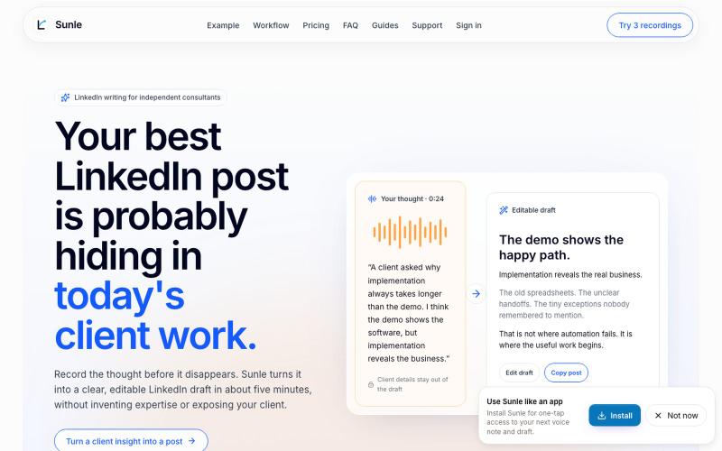 Sunle — Turn Client-Work Insights into LinkedIn Posts — screenshot