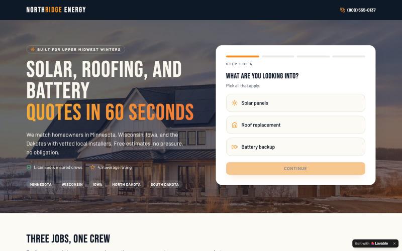 Solar, Roofing & Battery Quotes | Upper Midwest — screenshot