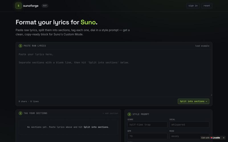 Sunoforge — Format lyrics for Suno AI — screenshot