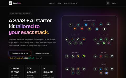 Generate a SaaS + AI starter tailored to your exact stack choices. — screenshot