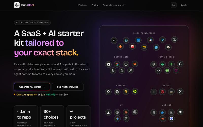 Generate a SaaS + AI starter tailored to your exact stack choices. — screenshot