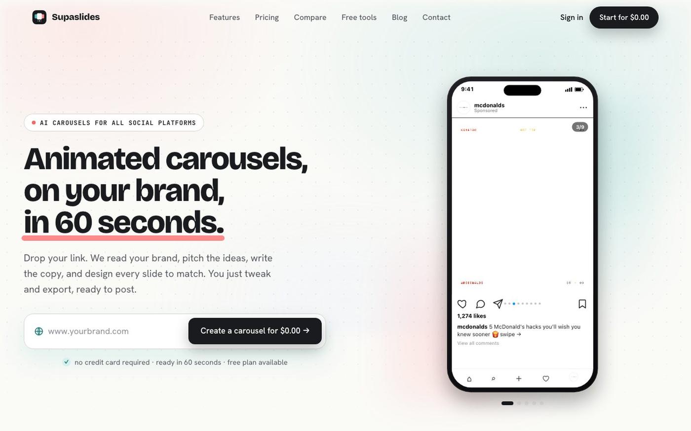 AI Animated Carousel Generator for Instagram, TikTok, LinkedIn & more · Supa — screenshot