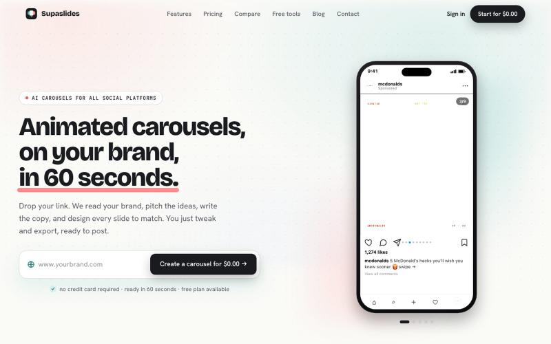 AI Animated Carousel Generator for Instagram, TikTok, LinkedIn & more · Supa — screenshot