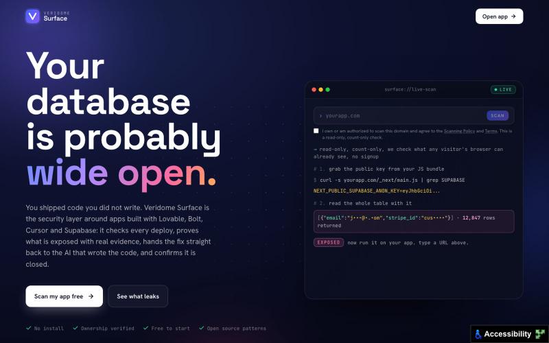 Veridome Surface | Security Layer for Apps Built with AI — screenshot