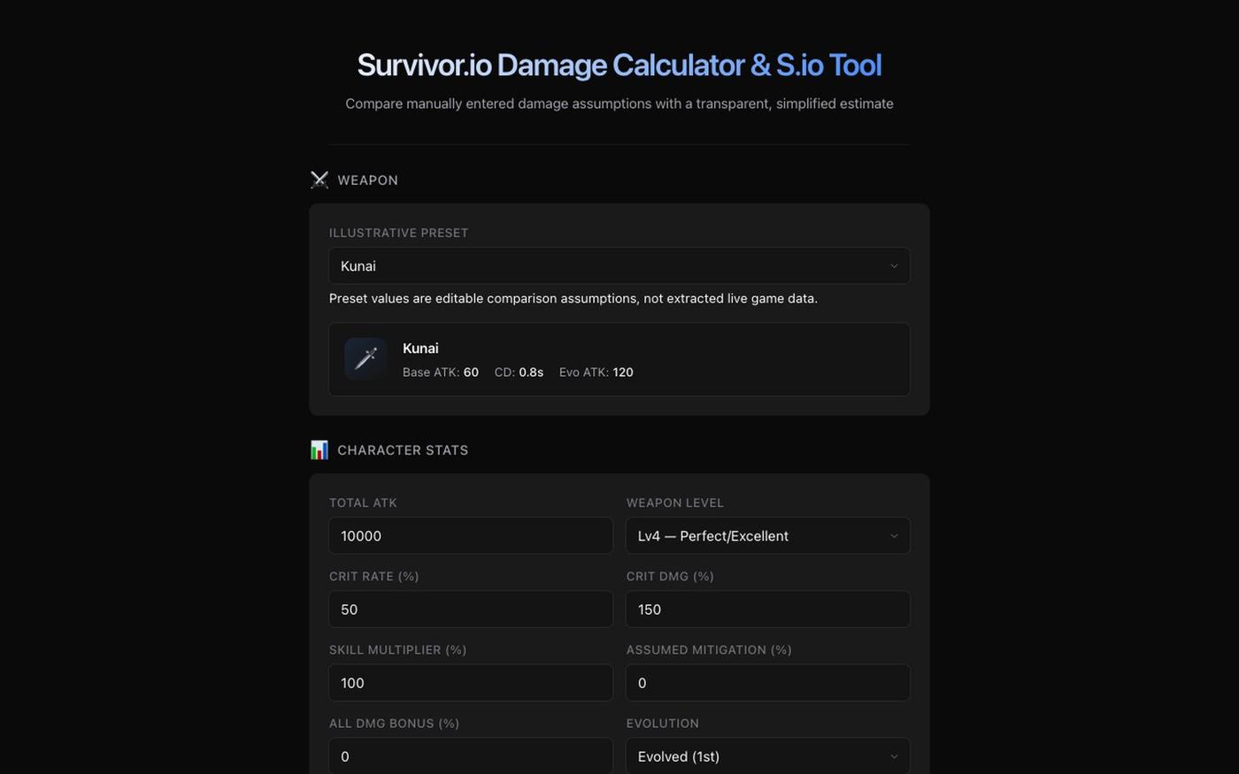 Survivor.io Scenario Calculator - Compare Manual Damage Inputs — screenshot