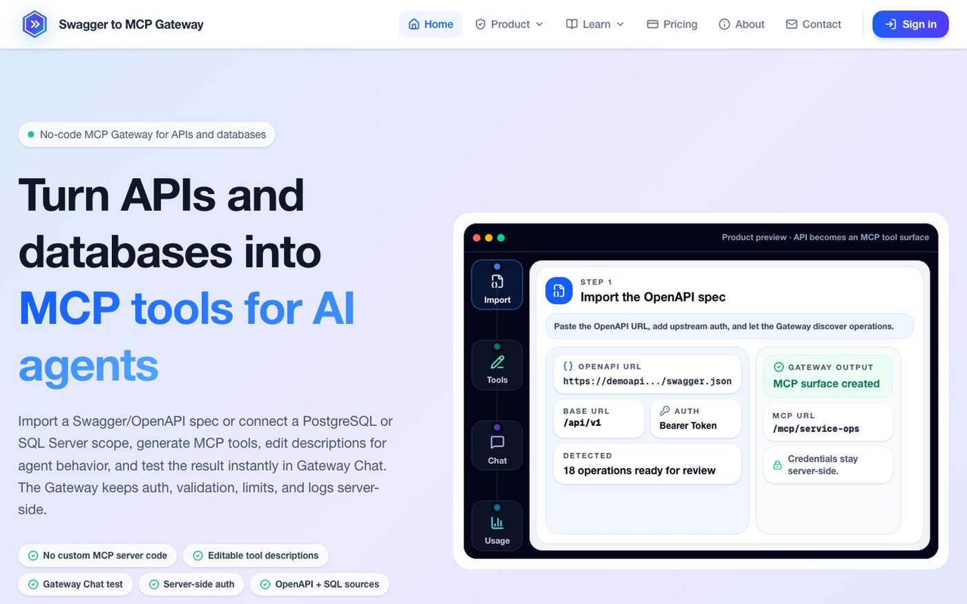 No-code MCP Gateway for OpenAPI and Database Tools — screenshot