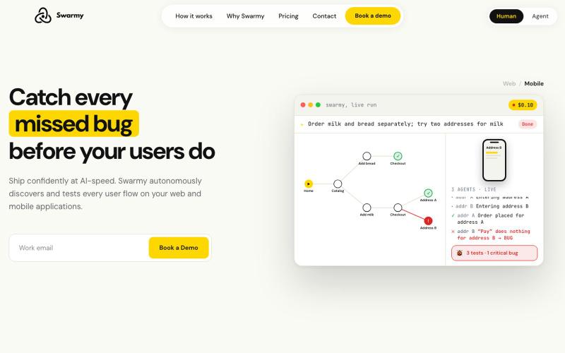 Swarmy · Autonomous QA agents for web & mobile — screenshot