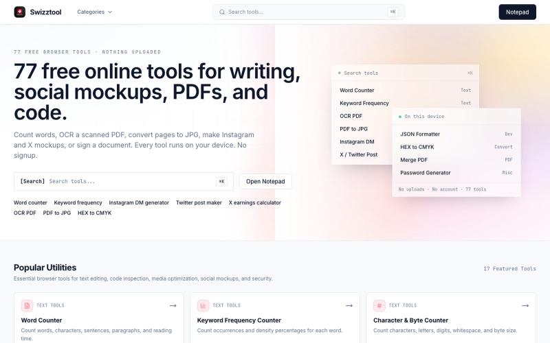 77 online tools for Writing, Social Mockups, PDFs & Code — screenshot