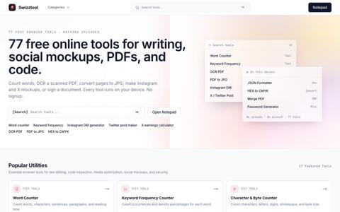 77 online tools for Writing, Social Mockups, PDFs & Code — screenshot