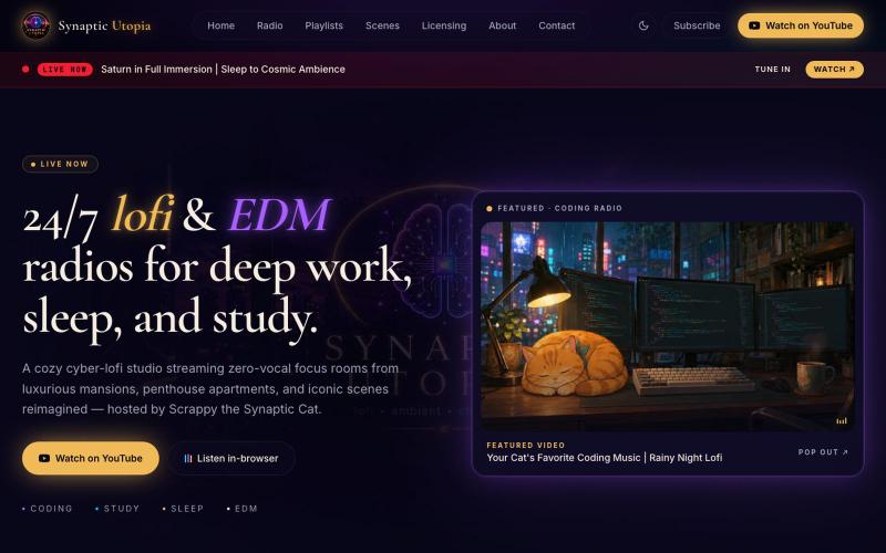 Synaptic Utopia, 24/7 Lofi & EDM Radios for Deep Work — screenshot
