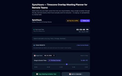 SyncHours | Visual Timezone Converter & Overlap Planner — screenshot