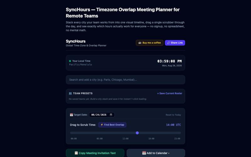 SyncHours | Visual Timezone Converter & Overlap Planner — screenshot