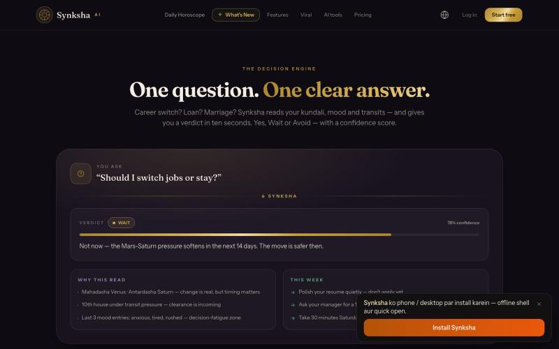 Synksha — India's AI Decision Making Engine | Council, Kundali, Rashifal, Gun Mi — screenshot