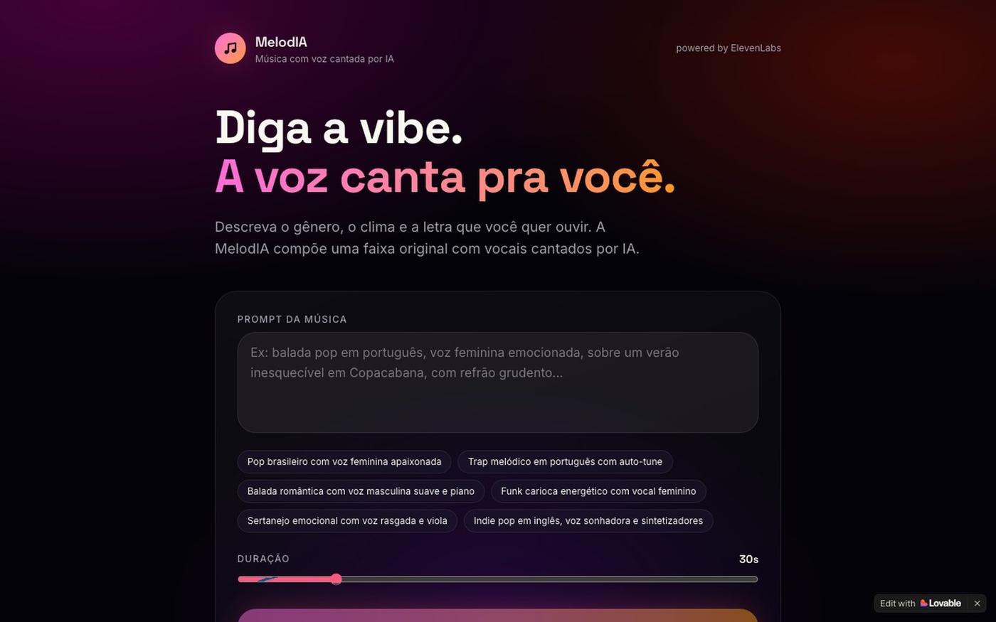 MelodIA — Crie músicas com voz cantada por IA — screenshot