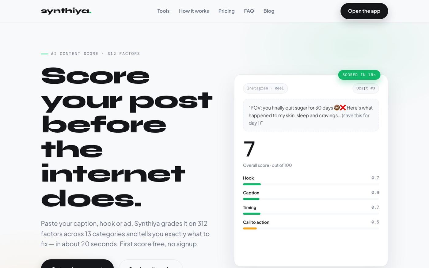 Synthiya — AI Content Score: Check Your Post Before You Publish — screenshot