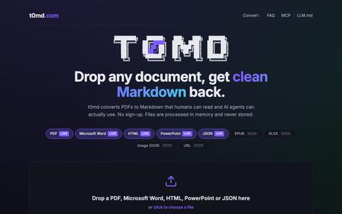 PDF to Markdown Converter — Word, PowerPoint, HTML, JSON · t0md — screenshot