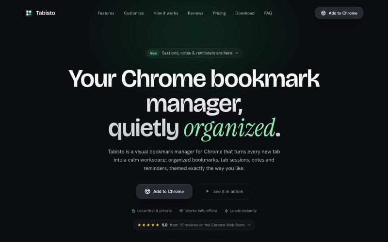 Tabisto: Visual Bookmark Manager for Chrome (New Tab) — screenshot