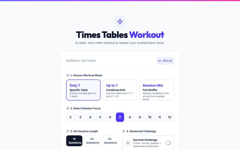 Times Tables Workout — screenshot