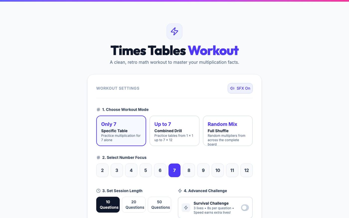 Times Tables Workout — screenshot