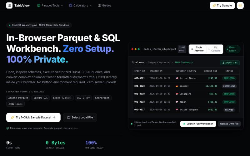 TableView.dev — Fast, Private In-Browser Parquet Viewer, SQL Workbench & Excel C — screenshot