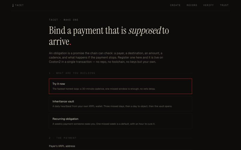 Create an obligation — Tacet — screenshot