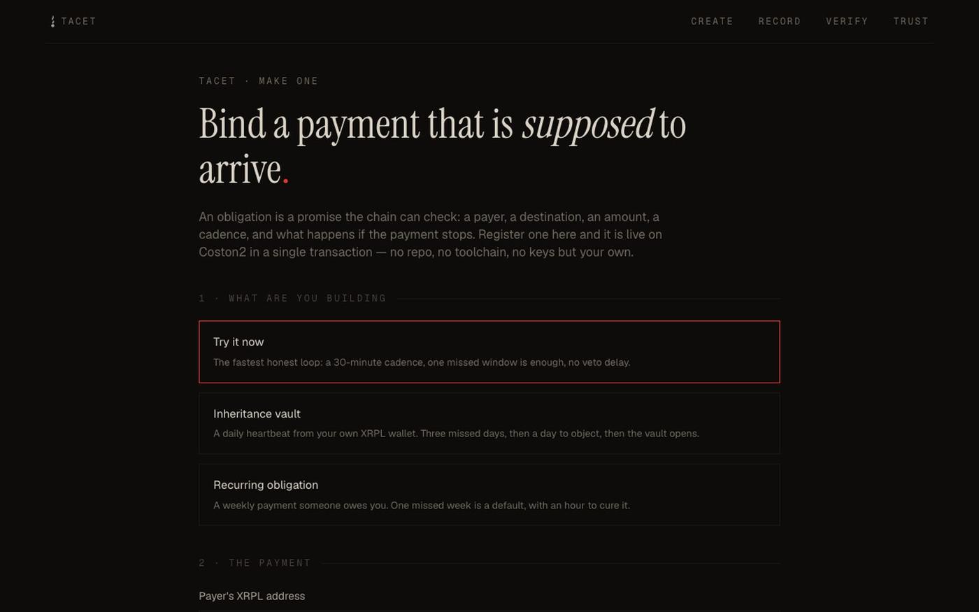 Create an obligation — Tacet — screenshot