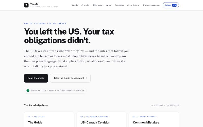 Plain-language tax compliance for US citizens abroad — Tacofe — screenshot