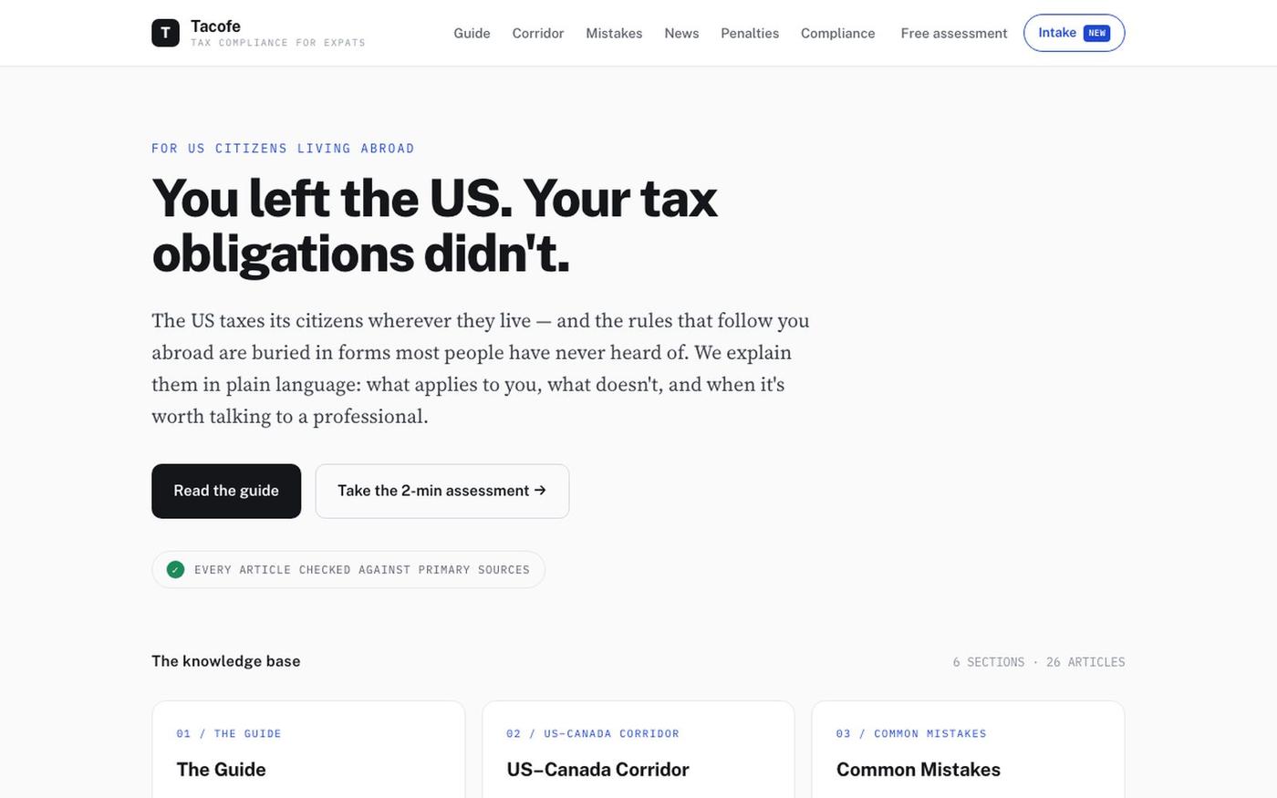 Plain-language tax compliance for US citizens abroad — Tacofe — screenshot