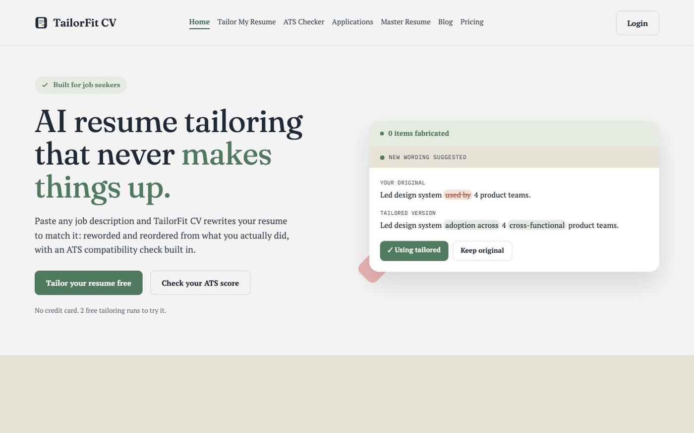 TailorFit CV — AI resume tailoring that never makes things up — screenshot