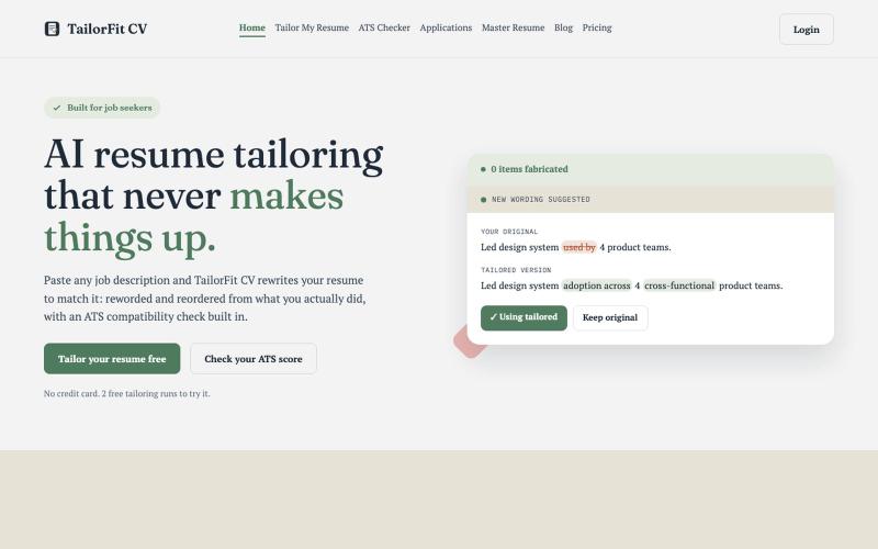 TailorFit CV — AI resume tailoring that never makes things up — screenshot