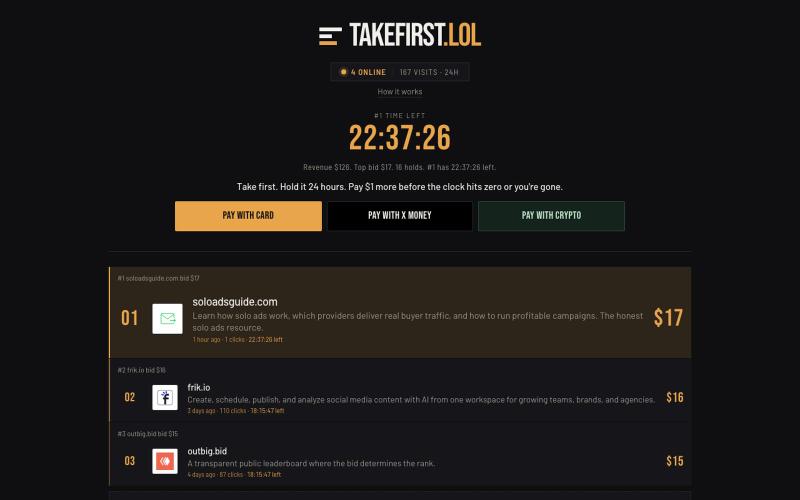 TakeFirst.lol | Take first. Hold it 24 hours. — screenshot