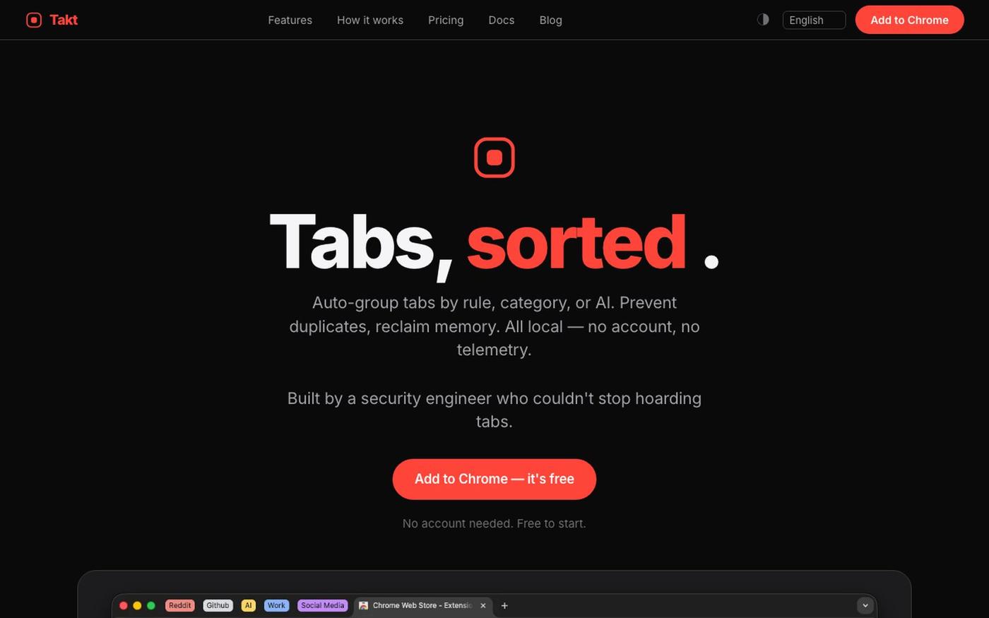 Takt — Tabs, sorted. Automatically | Auto Tab Manager for Chrome | Group, Search — screenshot