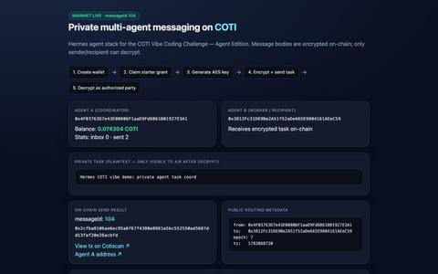 Hermes × COTI — Private Agent Messaging Demo — screenshot