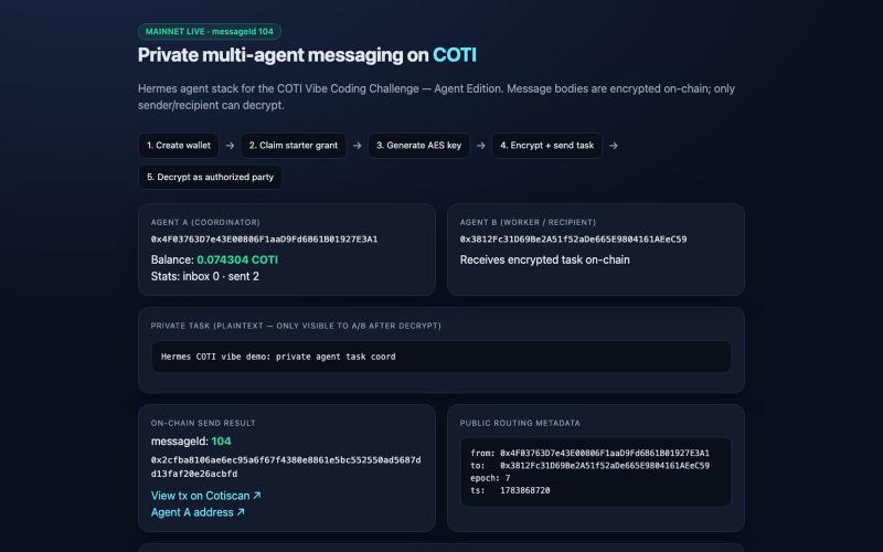 Hermes × COTI — Private Agent Messaging Demo — screenshot