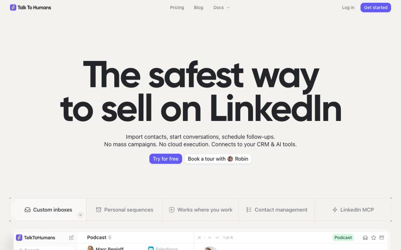 LinkedIn CRM & Inbox for Safer Outreach | TalkToHumans — screenshot
