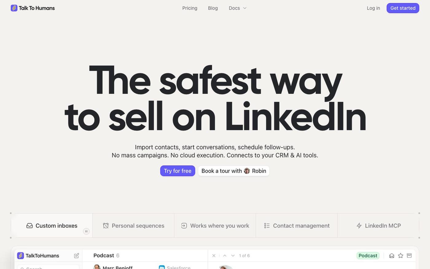 LinkedIn CRM & Inbox for Safer Outreach | TalkToHumans — screenshot
