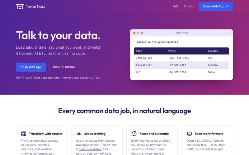 TamedTable — AI ETL in Natural Language — screenshot