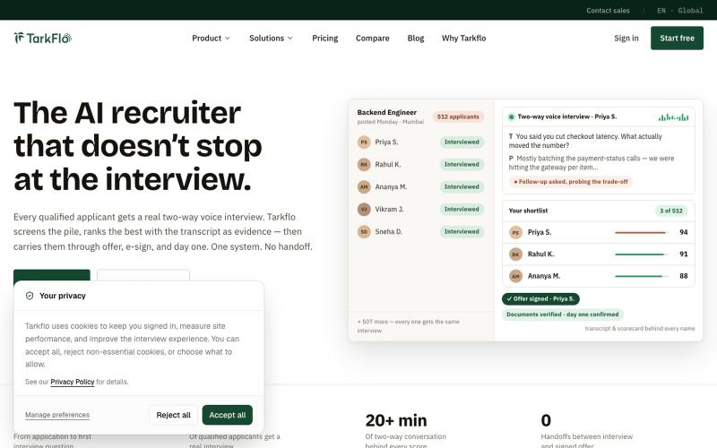 The AI recruiter that runs the whole pipeline — interviews to signed offer | Tar — screenshot