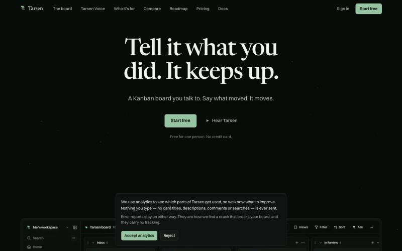 Tarsen: the Kanban board you can talk to · Tarsen — screenshot